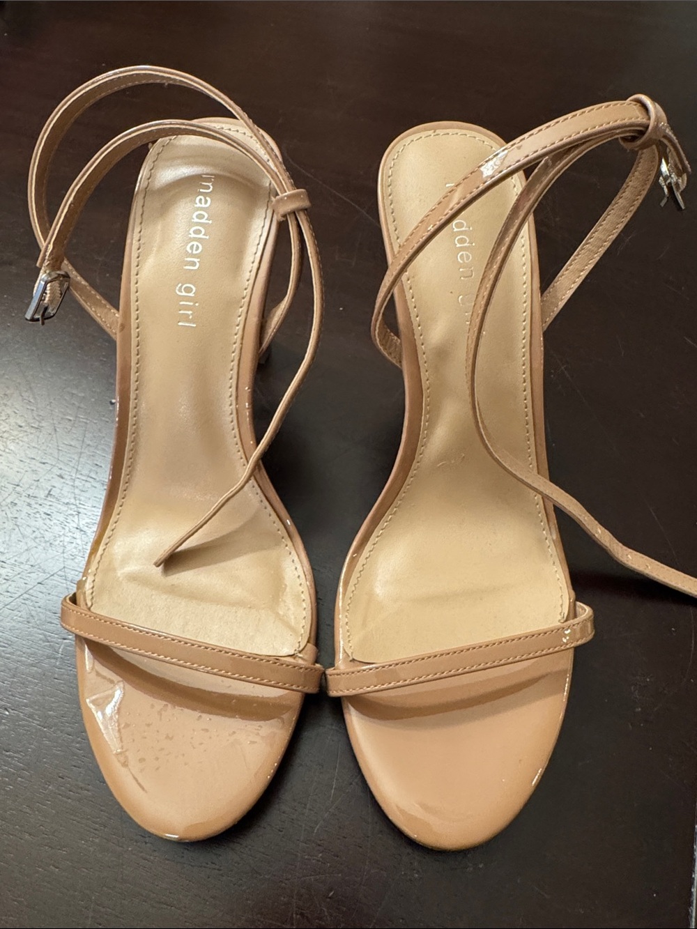Madden Girl Nude/Tan Patent Strappy Ankle-Tie Heels